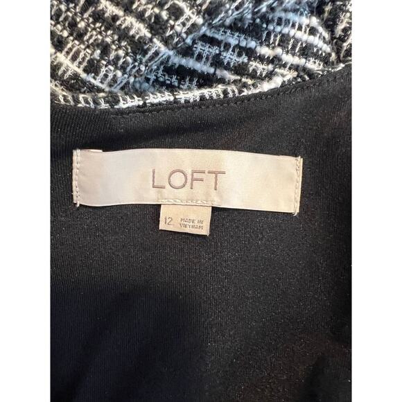 Loft Womens Size 12 Dress Tweed short sleeve Puffed Black Ivory Academia Style - Picture 6 of 10